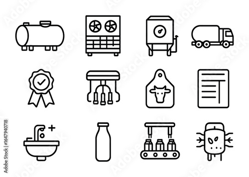 Modern Dairy Icons. Outline vector icons of modern dairy production: milk tank, chiller unit, pasteurizer,