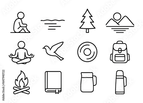 Nature Solitude Icons. Outline icon set of peaceful solitude by nature: sitting figure, calm lake, pine tree,