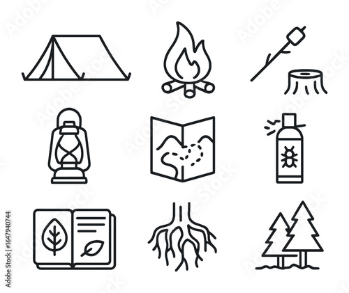Solo Camping Icons. Outline icon set of camping alone in nature: solo tent, bonfire, log stool, marshmallow