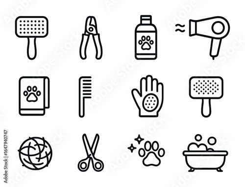 Pet Grooming Icons. Outline icon set of pet grooming routine: grooming brush, nail clipper, shampoo bottle,