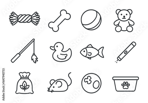 Pet Toy Icons. Outline icon set of pet toys collection: rope toy, chew bone, bouncing ball, plush toy, teaser