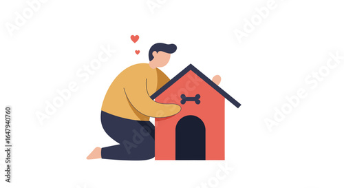 Heartwarming Action of a Man Loving His Pet in a Minimalist Home Environment - Vector Illustration of Pet Care and Affection