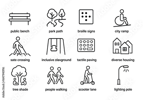 Inclusive Urban Icon Set. Outline icon set of inclusive urban spaces: public bench, park path, braille signs,