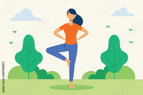 Woman doing yoga tree pose in a park person, woman, person, yoga, pose, tree, balance, stretching, exercise, fitness, health, wellness, outdoors, park, nature, illustration, flat, design, graphic, art