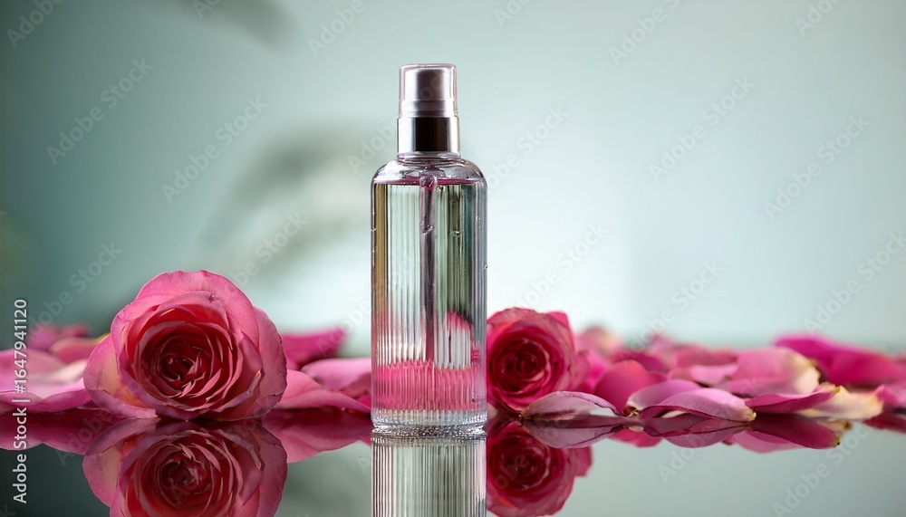 Naklejka premium high end facial toner bottle placed on mirrored surface with delicate rose petals