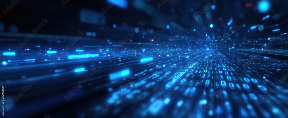 Naklejka premium The Binary Data Stream Racing Through a Futuristic Neon Blue Virtual Network Matrix