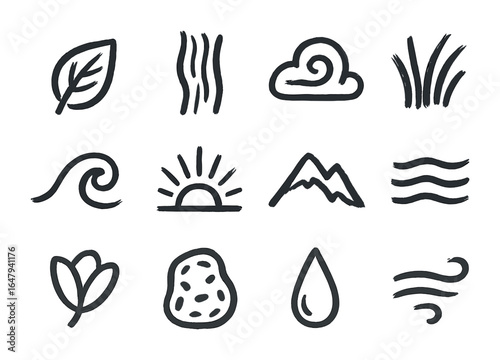 Nature Texture Icons. Outline icon set of brushstroke textures in nature: leaf texture stroke, tree bark line,