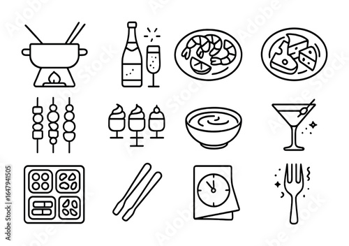 New Year's Icons. Outline icon set of New Year’s Eve cooking: fondue pot, sparkling cider, shrimp platter,