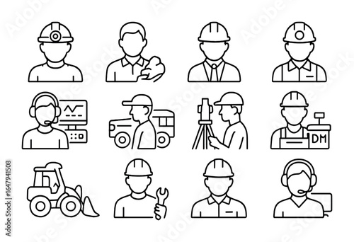 Mining Roles Icon Set. Outline icon set of mining workforce and roles: miner with helmet, geologist, engineer,