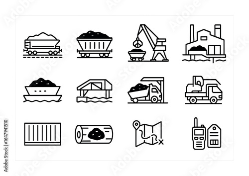 Coal Logistics Icons. Outline icon set of coal transportation logistics: freight train, hopper car, loading
