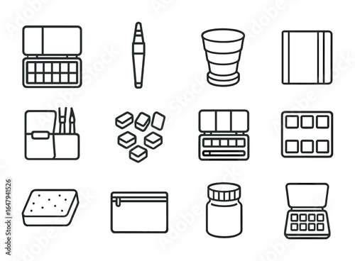 Portable Watercolor Icon Set. Outline icon set of portable watercolor kits: travel palette, water brush,