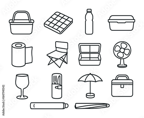 Spring Picnic Icon Set. Outline icon set of picnic accessories for spring: insulated basket, gingham blanket,