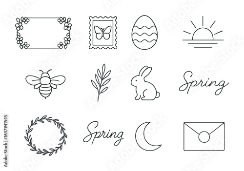 Spring Invitation Icons. Outline icon set of spring invitation designs: floral border, butterfly stamp, egg