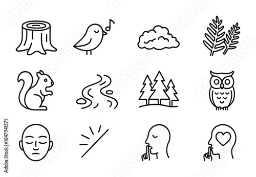 Forest Meditation Icons. Outline icon set of forest meditation elements: tree trunk seat, bird song, moss,