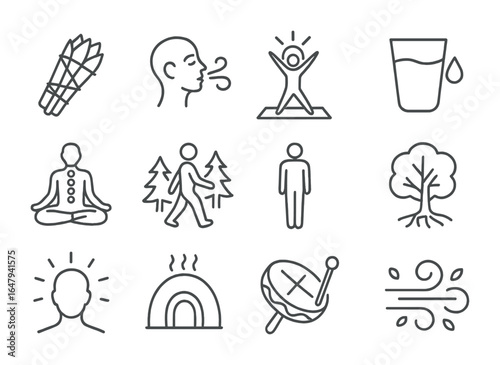 Wellness Icon Set. Outline icon set of wellness in the wilderness: herbal bundle, deep breath, sunrise