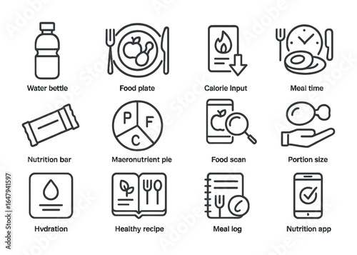 Nutrition Tracking Icons. Outline icon set of nutrition and hydration logging: water bottle, food plate,