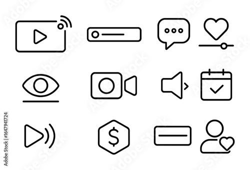 Live Streaming Icons. Outline icon set of live streaming interfaces: broadcast icon, streaming bar, real-time