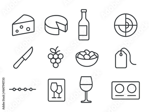 Wine and Cheese Icons. Outline icon set of wine and cheese pairing: cheese wedge, brie wheel, wine bottle,
