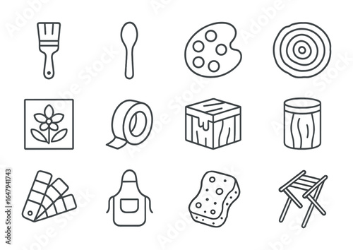 Craft Tools Icons. Outline icon set of hand-painting wooden objects: paintbrush, wooden spoon, paint palette,