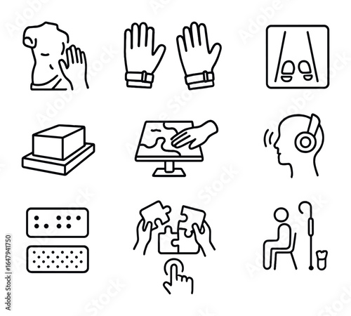 Inclusive Art Icons. Outline icon set of inclusive sculpture and installation art: touchable sculpture,