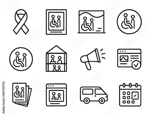 Disability Awareness Icons. Outline icon set of disability awareness campaigns in art: awareness ribbon,