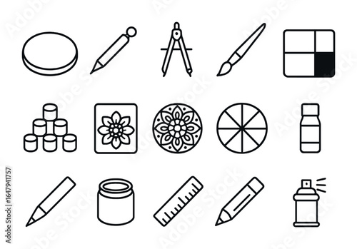 Mandala Painting Icons. Outline icon set of mandala wood painting: round base, dotting tool, compass, fine