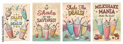 Colorful retro milkshake posters featuring delicious shakes and playful typography.