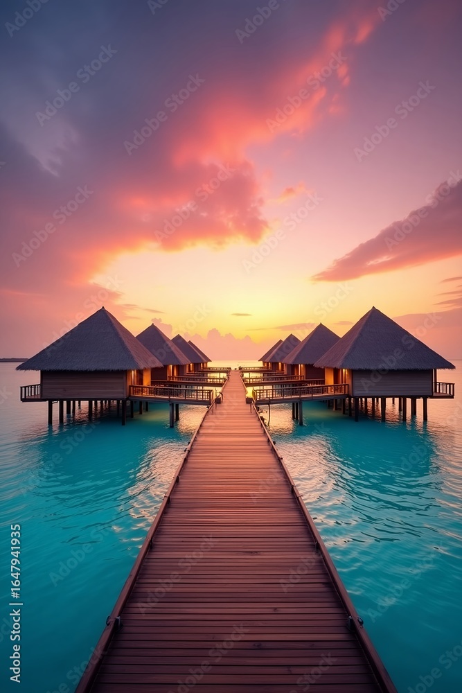 Obraz premium Idyllic Overwater Villas with Vibrant Sunset Sky and Pier