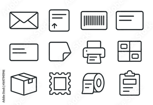 Address Label Icons. Outline icon set of address labels: envelope, shipping label, barcode, recipient name,