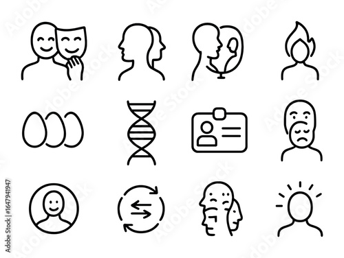 Identity Transformation Icons. Outline icon set of identity transformation: mask removal, profile change,