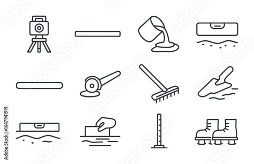 Surface Leveling Icons. Outline icon set of surface leveling: laser level, screed bar, leveling compound,