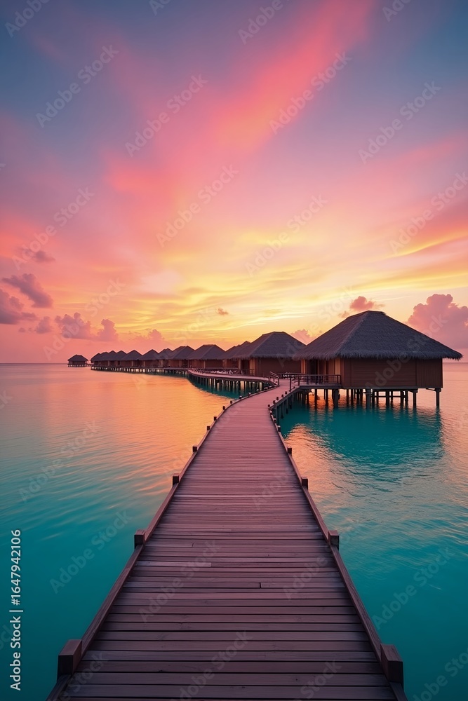 Fototapeta premium Curved Wooden Pier to Overwater Villas at Sunset in Paradise