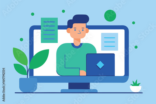 Man working on laptop on computer screen person, man, person, laptop, computer, screen, working, online, digital, technology, communication, business, office, home office, remote work, illustration, g