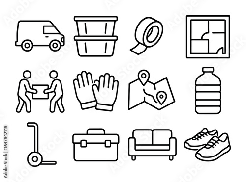 DIY Moving Icons. Outline icon set of DIY moving day: rented van, storage bins, labeled tape, floor plan