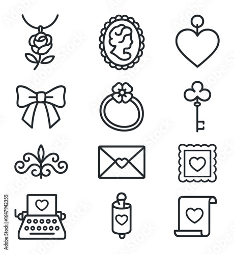 Romantic Vintage Icon Set. Outline icon set of romantic vintage themes: rose pendant, lace cameo, heart locket