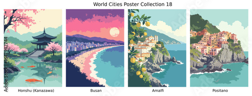 Honshu (Kanazawa) , Busan , Amalfi , Positano  ci Flat Vector Poster Collection
