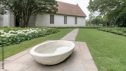 Tranquil Garden Scene with Water Bowl and Flowering Flora