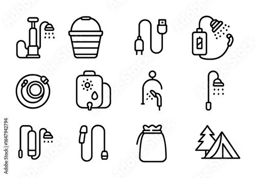 Portable Travel Showers Icons. Outline icon set of portable and travel showers: pump shower, collapsible