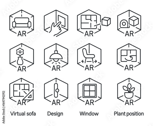 AR Home Design Icons. Outline icon set of AR in home design: virtual sofa, wall color preview, floor layout,
