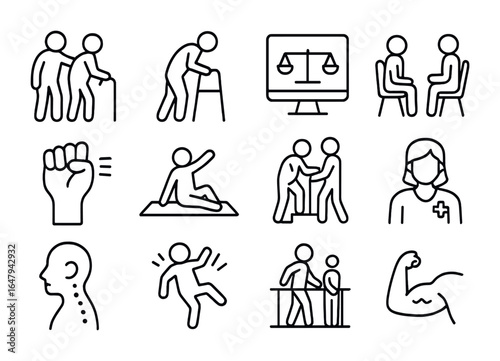 Geriatric Rehabilitation Icons. Outline icon set of geriatric rehabilitation: senior support, walking aid,