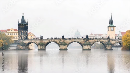 Foggy Morning at Charles Bridge with Historic Architecture and Water