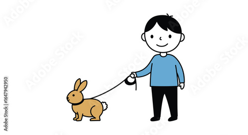 Child and Pet Rabbit Walk in Vector Illustration, Outdoor Fun, Cartoon Style, Bright Environment, Cheerful Concept