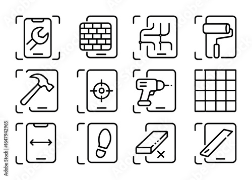 Home Improvement AR Icons. Outline icon set of AR in home improvement: virtual tool, wall scan, cable map,