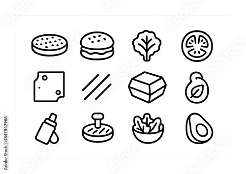Plant-Based Burger Icons. Outline icon set of plant-based burger innovations: plant patty, sesame bun, lettuce