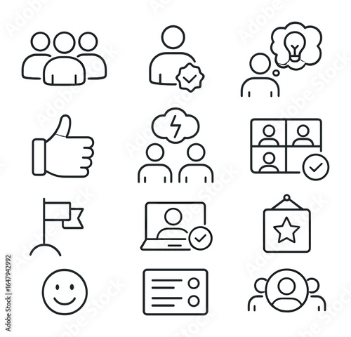 Virtual Teamwork Icons. Outline icon set of virtual teamwork dynamics: group icon, leader badge, idea bubble,