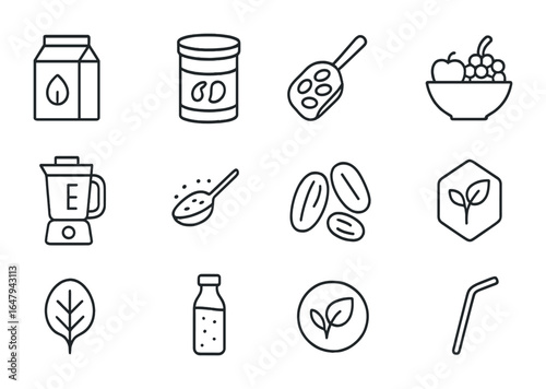 Vegan Smoothie Icons. Outline icon set of vegan smoothies: almond milk carton, soy protein, oat scoop, fruit