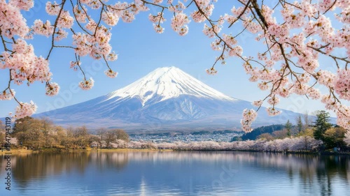 Snow-Capped Mountain Surrounded by Cherry Blossom Trees in Spring