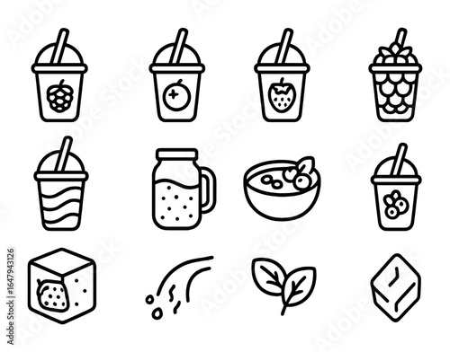 Berry Smoothie Icon Set. Outline icon set of berry-based smoothies: raspberry, blueberry, strawberry,