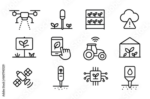 Sustainable Agri-Tech Icons. Outline icon set of sustainable agriculture tech: drone sprayer, irrigation