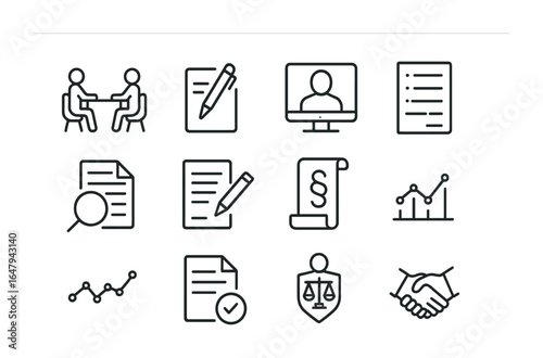 Contract Icons Grid. Outline icon set of contract negotiation process: negotiation table, pen and paper, zoom